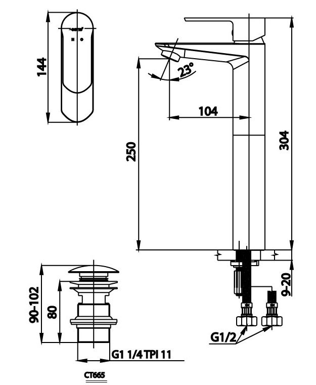 Bản vẽ kích thước vòi chậu rửa mặt CT2402 AY Cotto