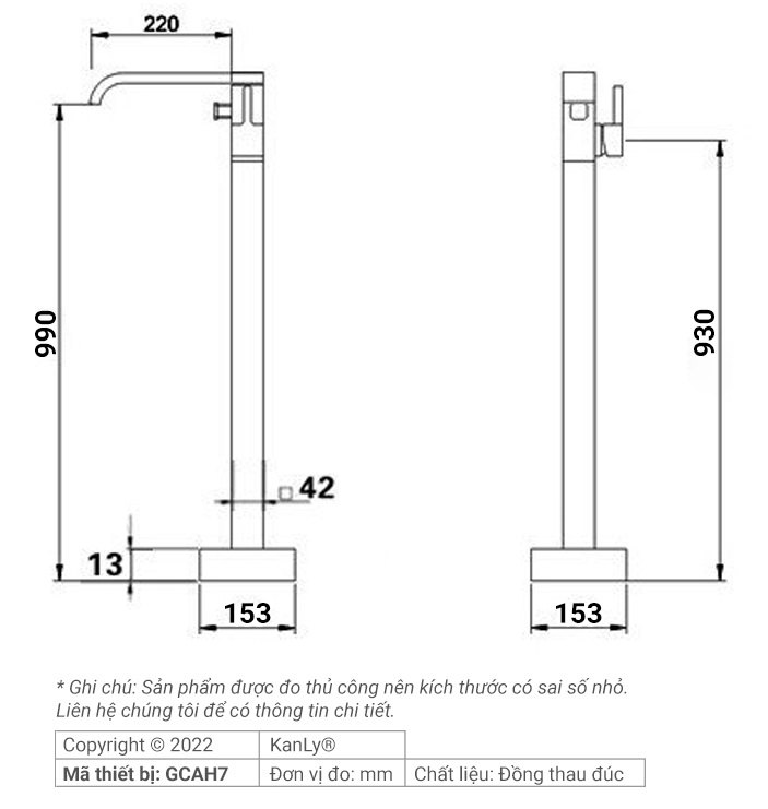 Bản vẽ kích thước vòi sen đặt sàn GCAH7 thân vuông Kanly 