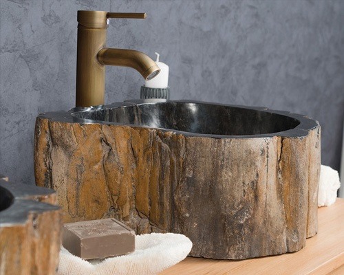 Hình ảnh thực tế lavabo gỗ hóa thạch Kanly WDM02I