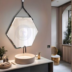 Gương nhà tắm lục giác treo dây da D50