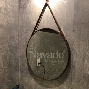 Gương treo dây da nâu nhà tắm D60cm