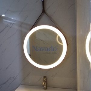 Gương tròn dây da nâu đèn led D500