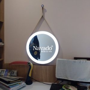 Gương tròn dây da nâu đèn led D500