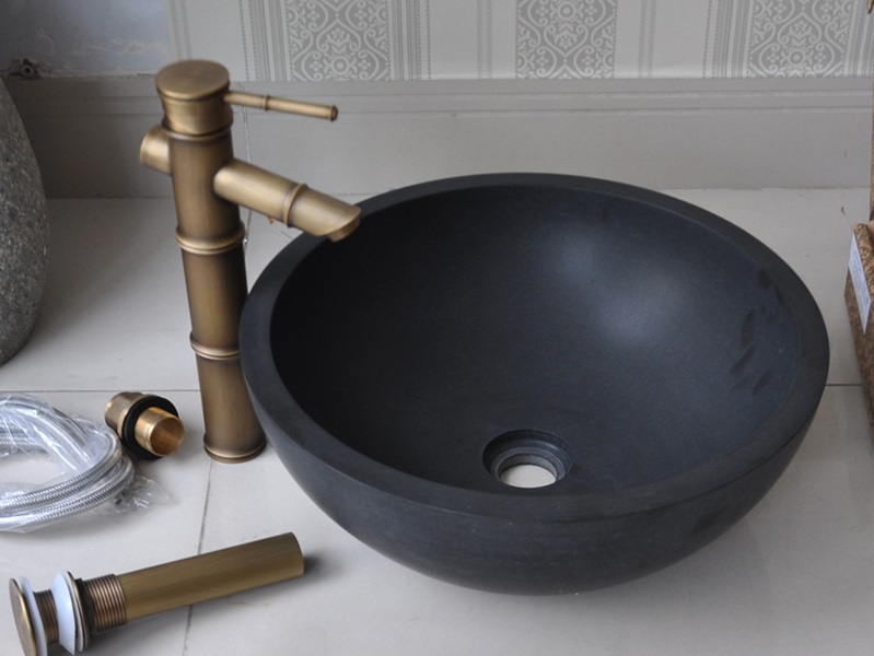 Hình ảnh thực tế chậu lavabo đá tự nhiên Kanly MAR12V màu đen