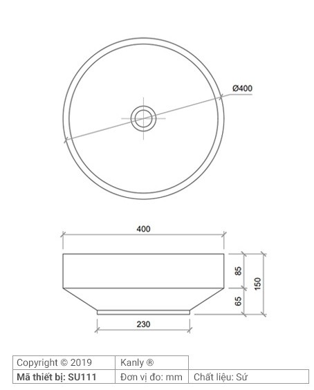 Bản vẽ kích thước chậu rửa mặt Kanly SU111 sứ in mỹ thuật