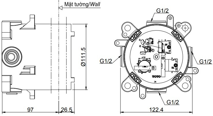 Bản vẽ phụ kiện âm tường 3 đường nước Toto TBN01001B