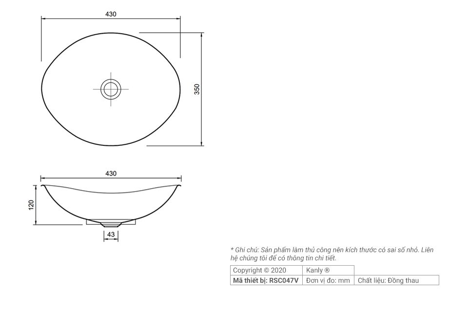 Bản vẽ kích thước chậu rửa mặt Kanly RSC047V bằng đồng đen cổ điển đặt bàn