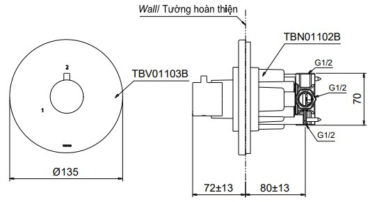 Bản vẽ van chuyển hướng TOTO TBV01103B TBN01102B