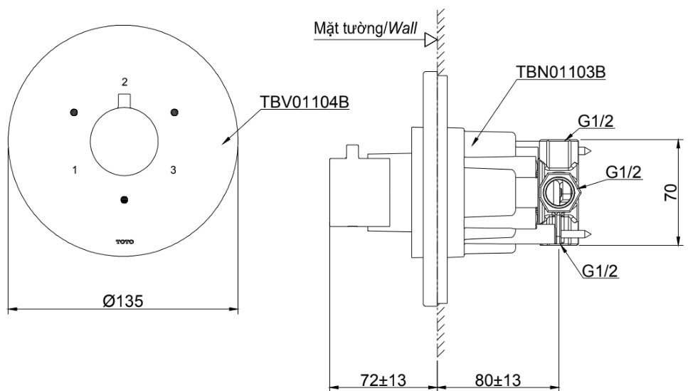 Bản vẽ van chuyển hướng TOTO TBV01104B TBN01103B