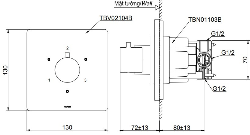 Bản vẽ van chuyển hướng 3 đường nước TOTO TBV02104B TBN01103B