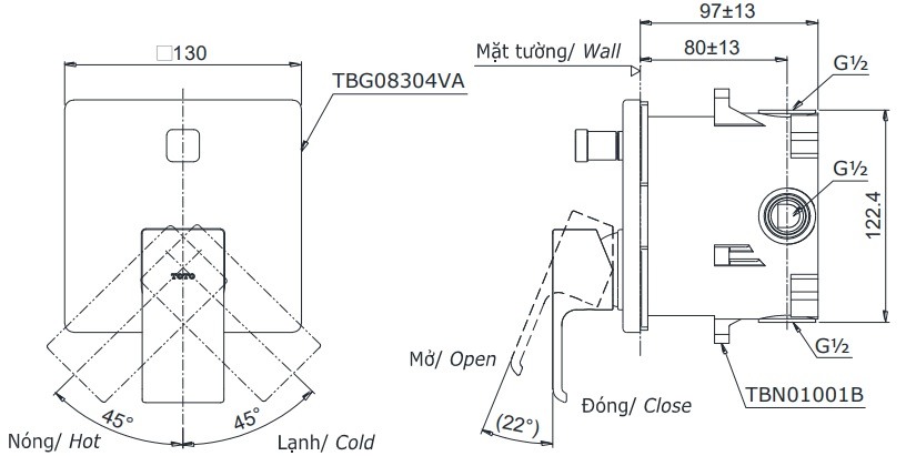 Bản vẽ van điều chỉnh nóng lạnh TOTO TBG08304V TBN01001B