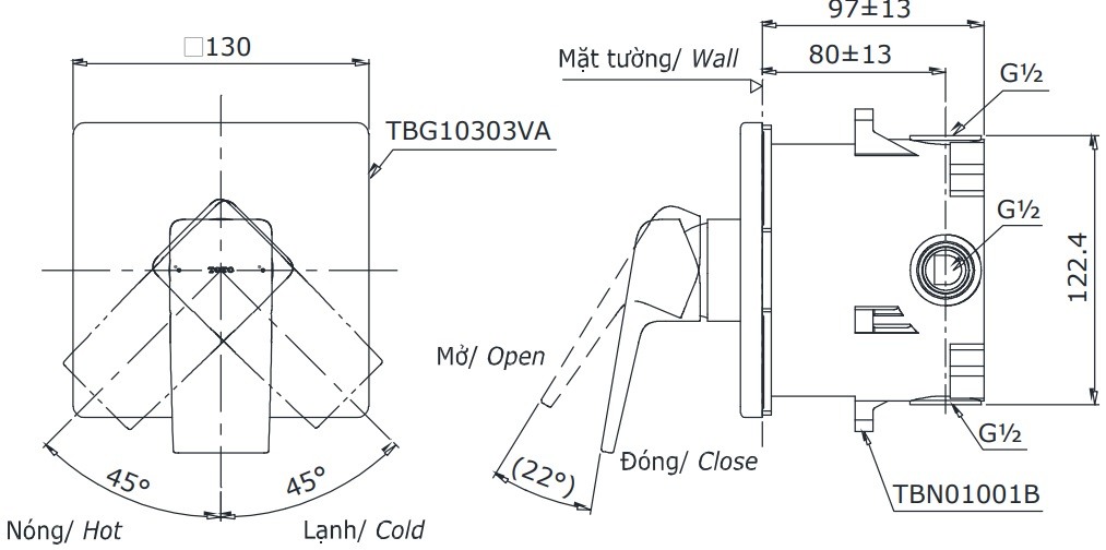 Bản vẽ van điều chỉnh nóng lạnh TOTO TBG10303V TBN01001B
