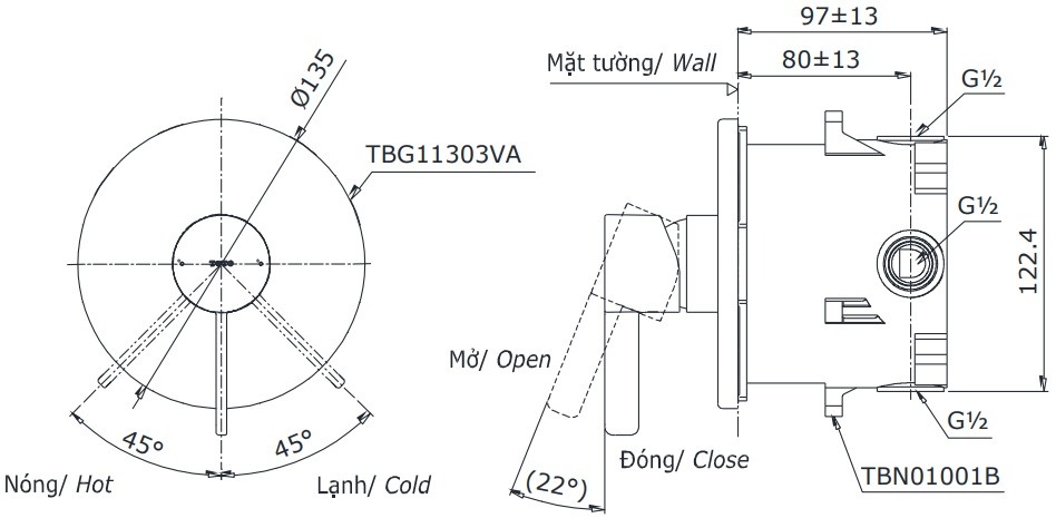 Bản vẽ van điều chỉnh nóng lạnh TOTO TBG11303V TBN01001B