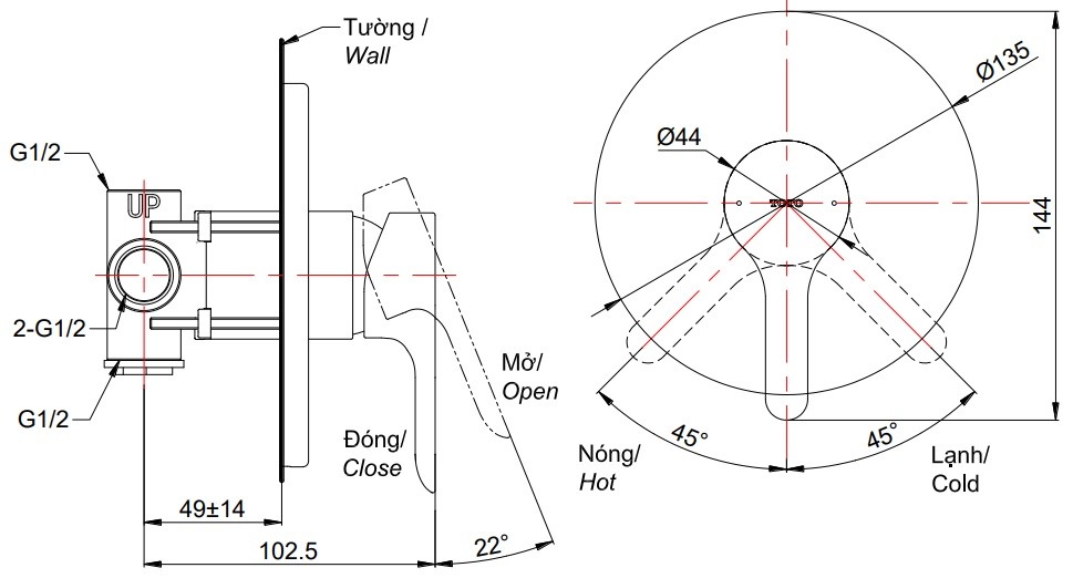 Bản vẽ van điều chỉnh TOTO nóng lạnh TBS01303B