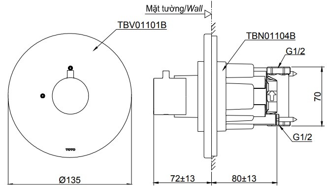 Bản vẽ van dừng âm tường TOTO TBV01101B TBN01104B